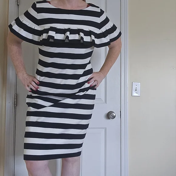 Eliza J Navy and White Striped Ruffle Midi Dress 16 Sheath Dress - Picture 3 of 8